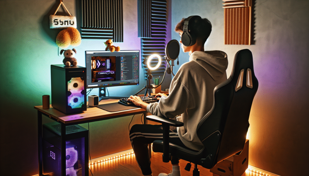 Person streaming live on Twitch with beginner equipment setup