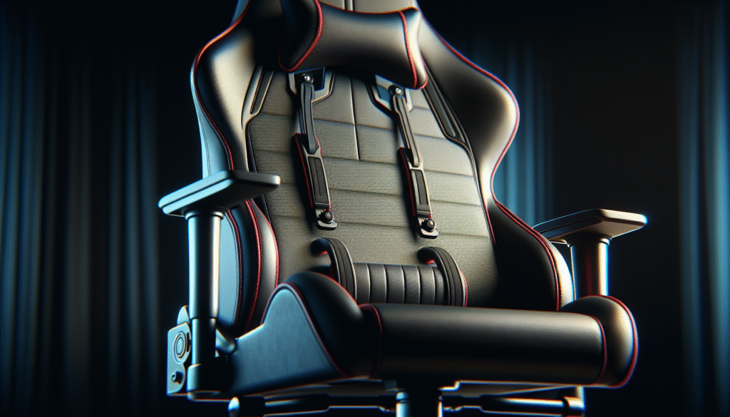 Close-up of gaming chair features - lumbar support, armrests, adjustments