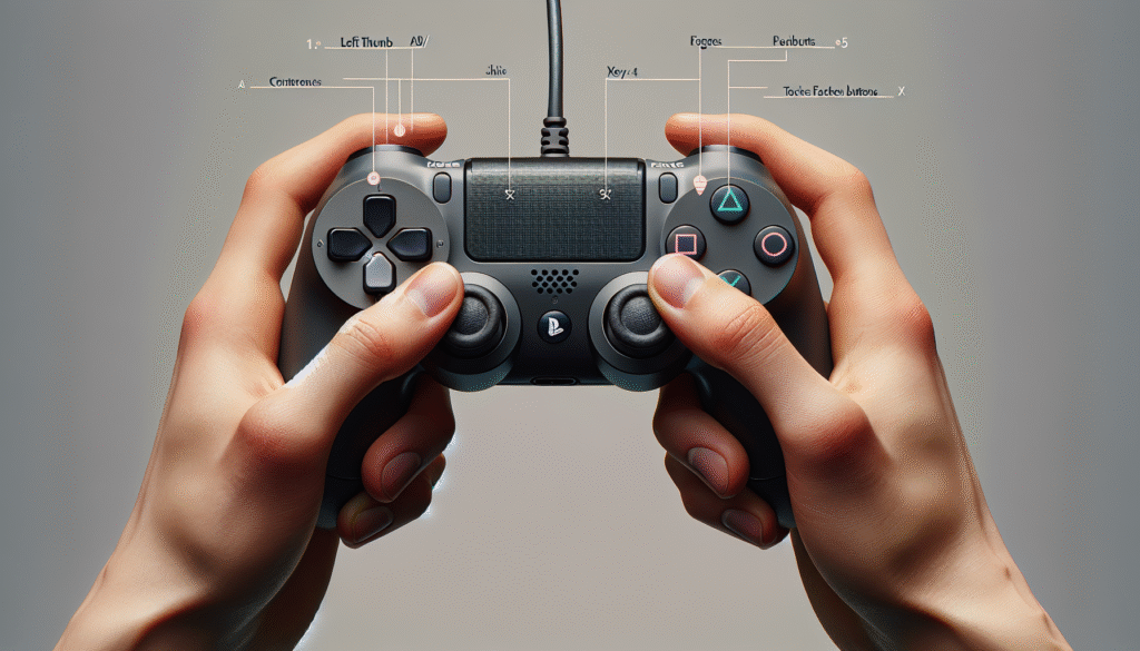Hands holding controller demonstrating proper grip and button placement