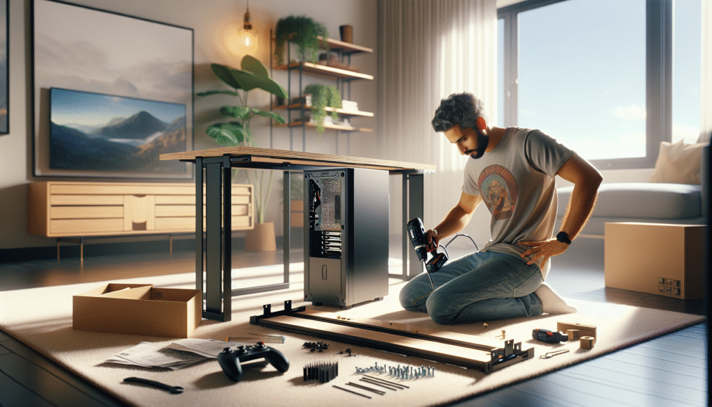 Person assembling gaming desk with tools and components