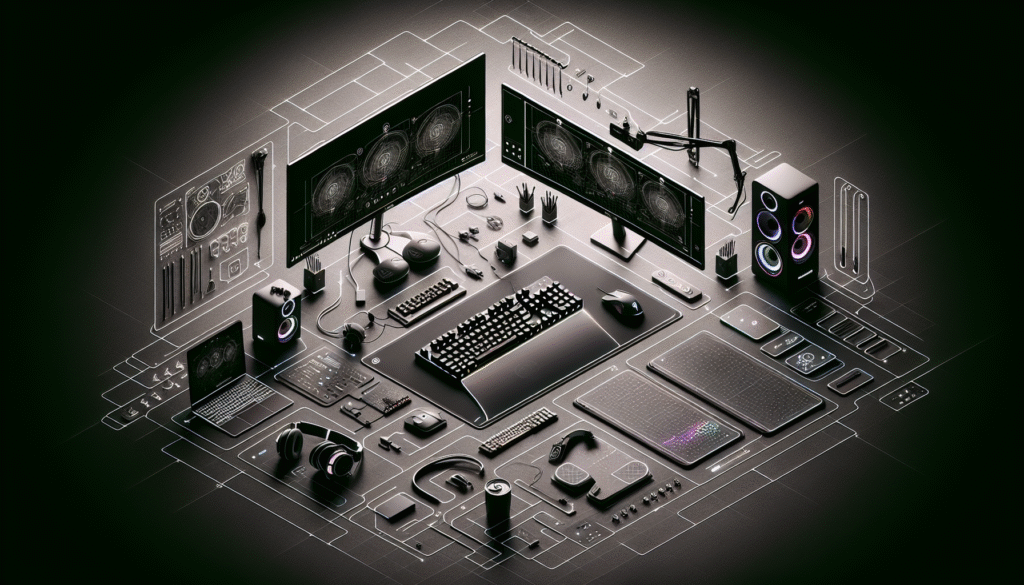 Overhead view of perfectly organized gaming desk with labeled components