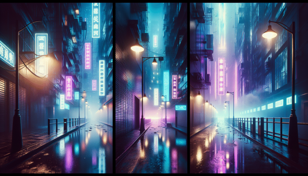 Different lighting mood examples - blue, purple, rainbow RGB effects
