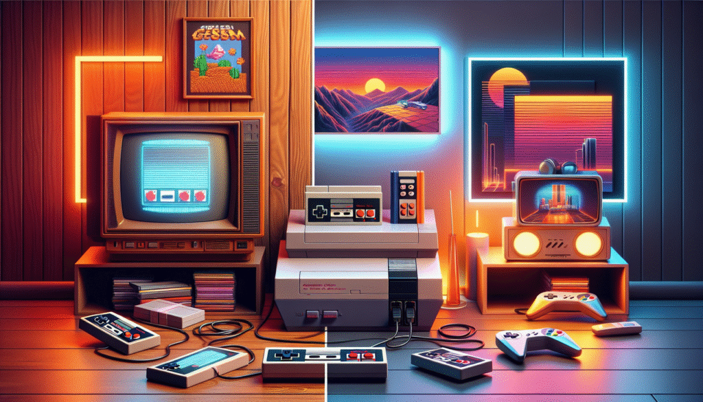 Split comparison of original console vs modern retro alternative