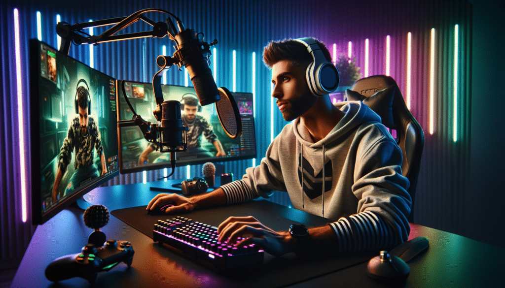 Streamer at desk with professional lighting setup for camera