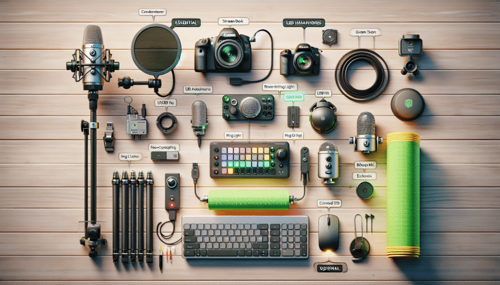 Streaming equipment laid out with labels showing essential vs optional gear
