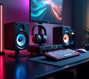 Gaming room with premium soundbar mounted below monitor