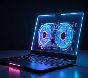 Gaming laptop on cooling pad with temperature readings