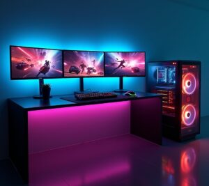 Triple monitor gaming battlestation with curved displays
