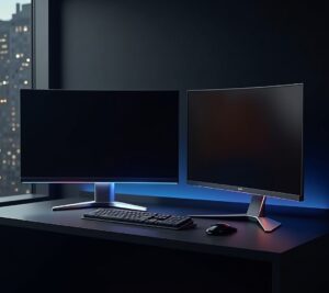 Side view showing curvature difference between monitors