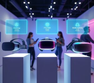 Three VR headsets displayed side by side